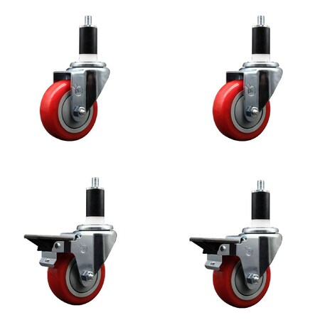 Service Caster 3.5'' Red Poly Wheel Swivel 1-3/8'' Expanding Stem Caster Set 2 Brakes, 4PK SCC-EX20S3514-PPUB-RED-2-PLB-2-138